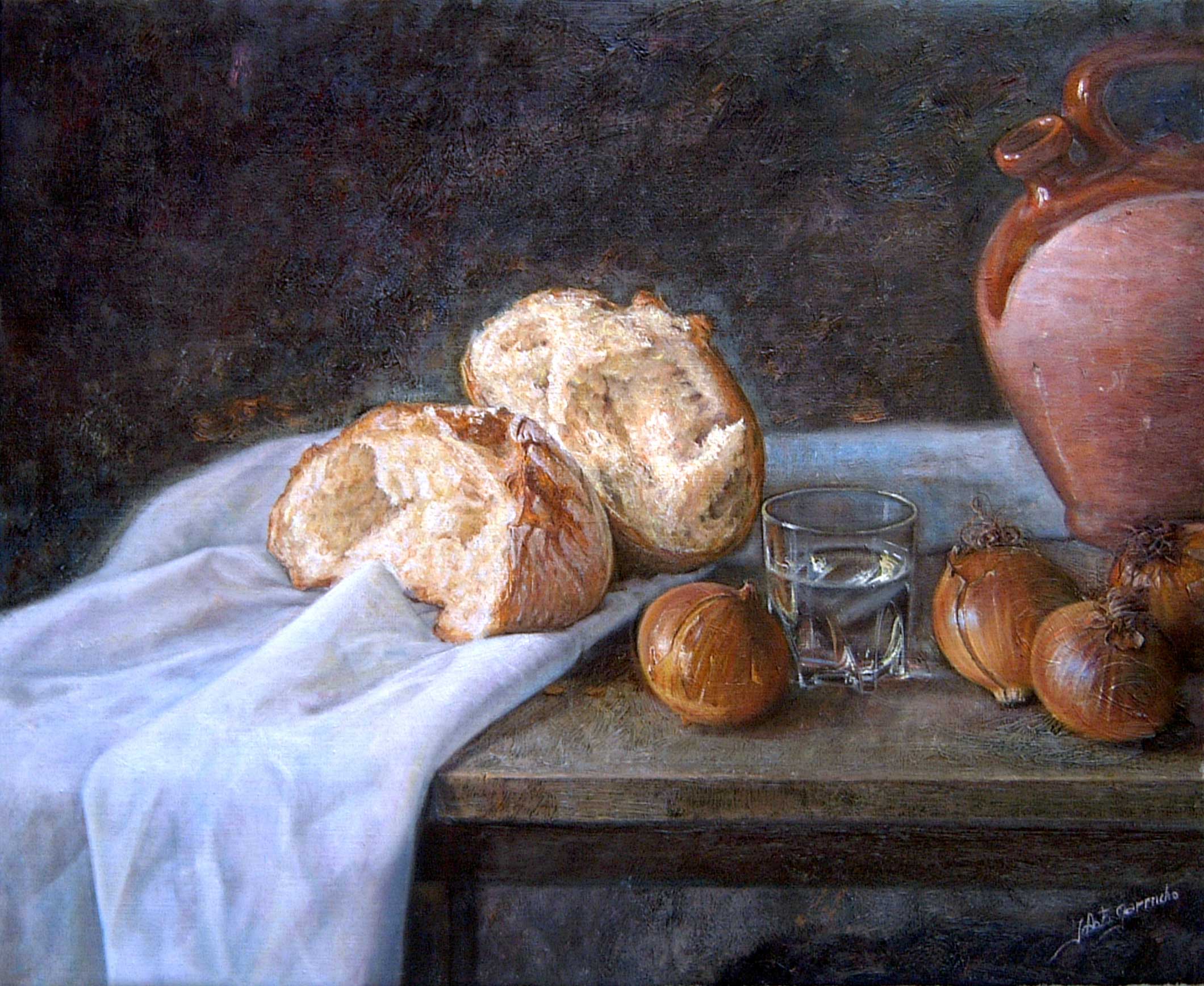 Pan, cebollas, vaso de agua y botijo